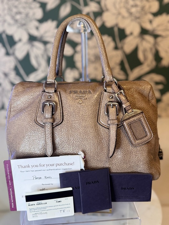 Prada Handbags - Prada Authentic Metallic Taupe Leather Satchel EUC with Auth Cards & COA
